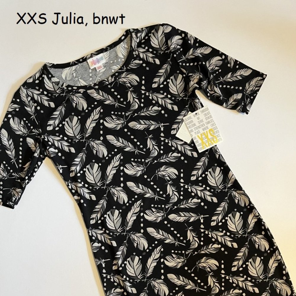 XXS Lularoe Julia sheath dress, black with white feathers